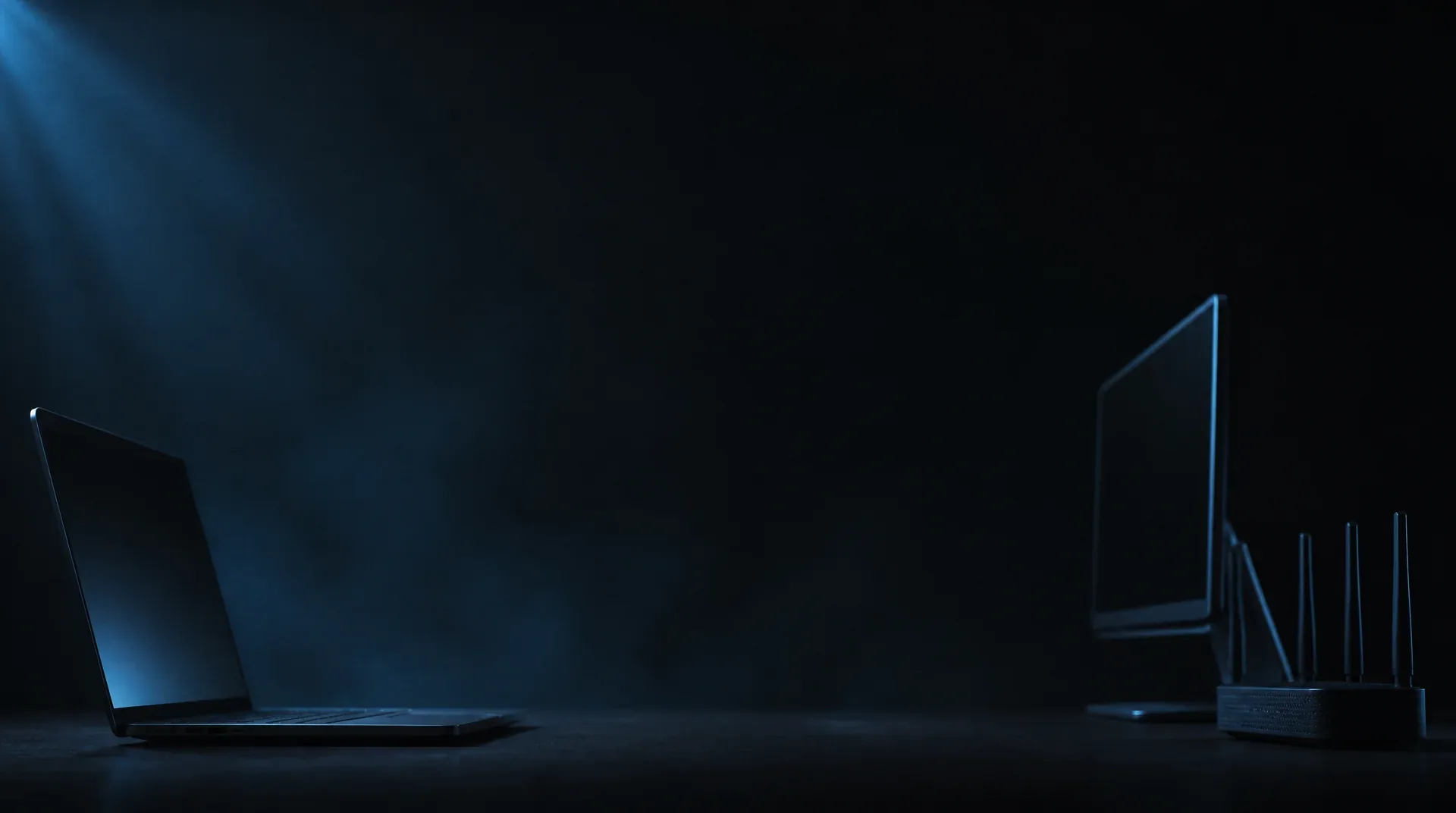 Laptop, monitor y router sobre fondo oscuro